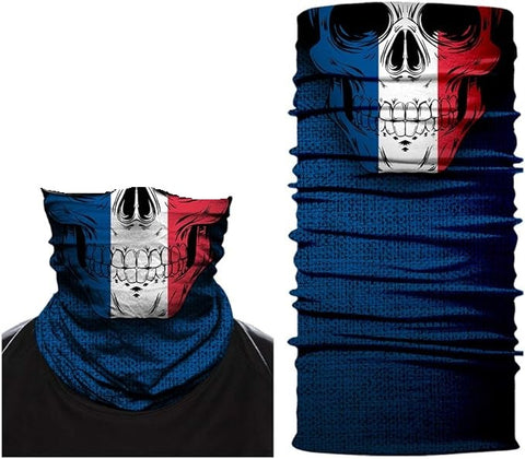 Braga Cuello Tubular para adultos Skull Skeleton Calavera Disfraz Halloween Máscara Cara Ski Snowboard Buff Deporte Bandera Francia French Flag of France